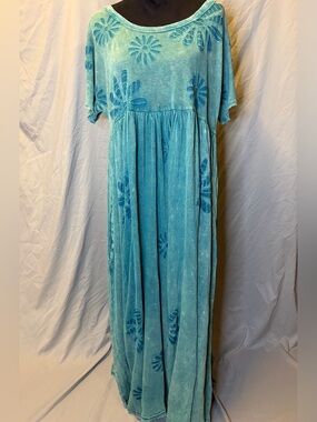 Free People Aqua Blue Floral Velvet Maxi Dress
